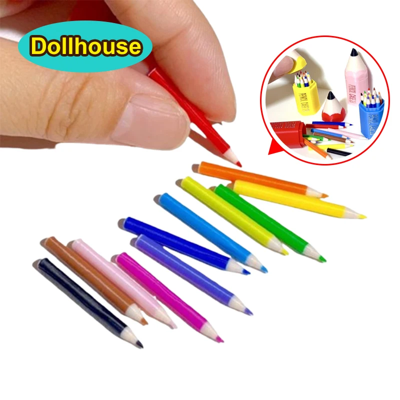 10/12 قطعة طفل التظاهر اللعب لعبة دمية مصغرة الملونة القلم قلم رصاص صغير اللوازم المدرسية نموذج بيت الدمية الملحقات