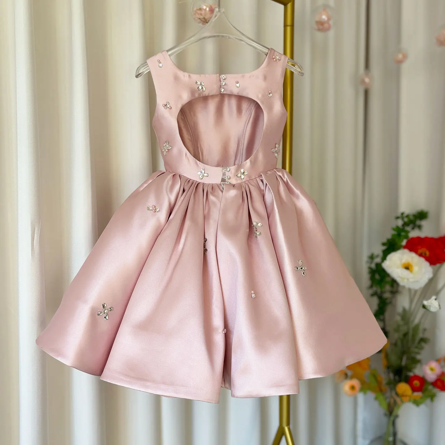 Jill Wish-Robe en Satin Rose Élégante pour Fille, Tenue avec Perles, Col Carré, Longueur aux Genoux, pour ixde Mariage, d'Anniversaire, de Vacances, 2025