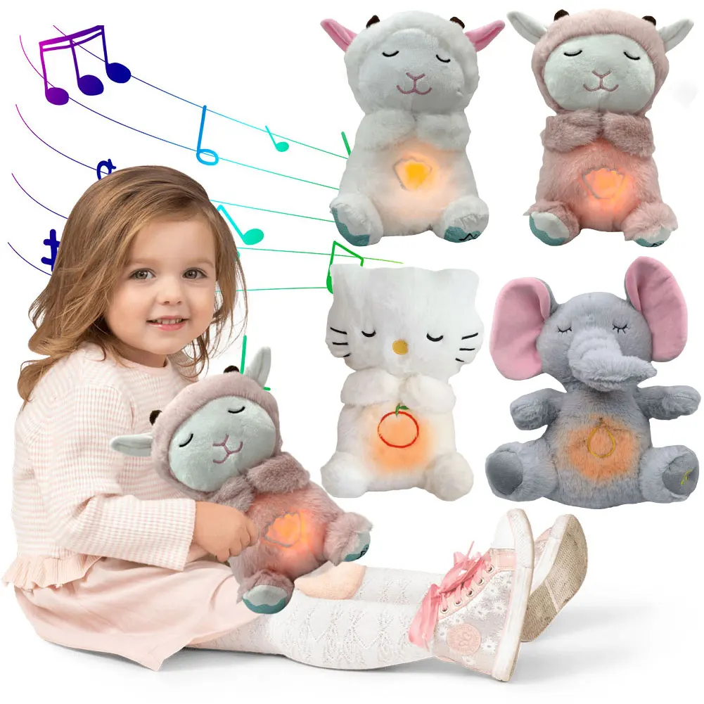 Cute Animal Baby Sound Machine with Music Lights Rhythmic Breathing Motion Comfort Doll Plush Stuffed Animal for Newborn Infants