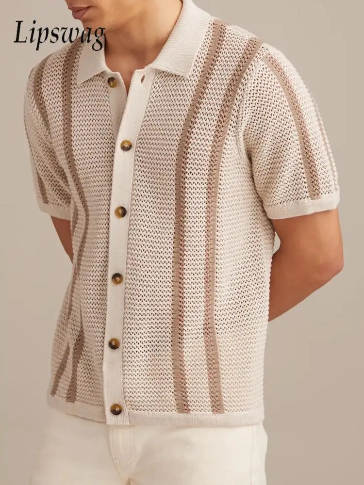 

Spring Summer Casual Short Sleeve Shirts Men Knitting Turn-down Collar Buttoned Shirt Tops Mens Vintage Striped Crochet Cardigan