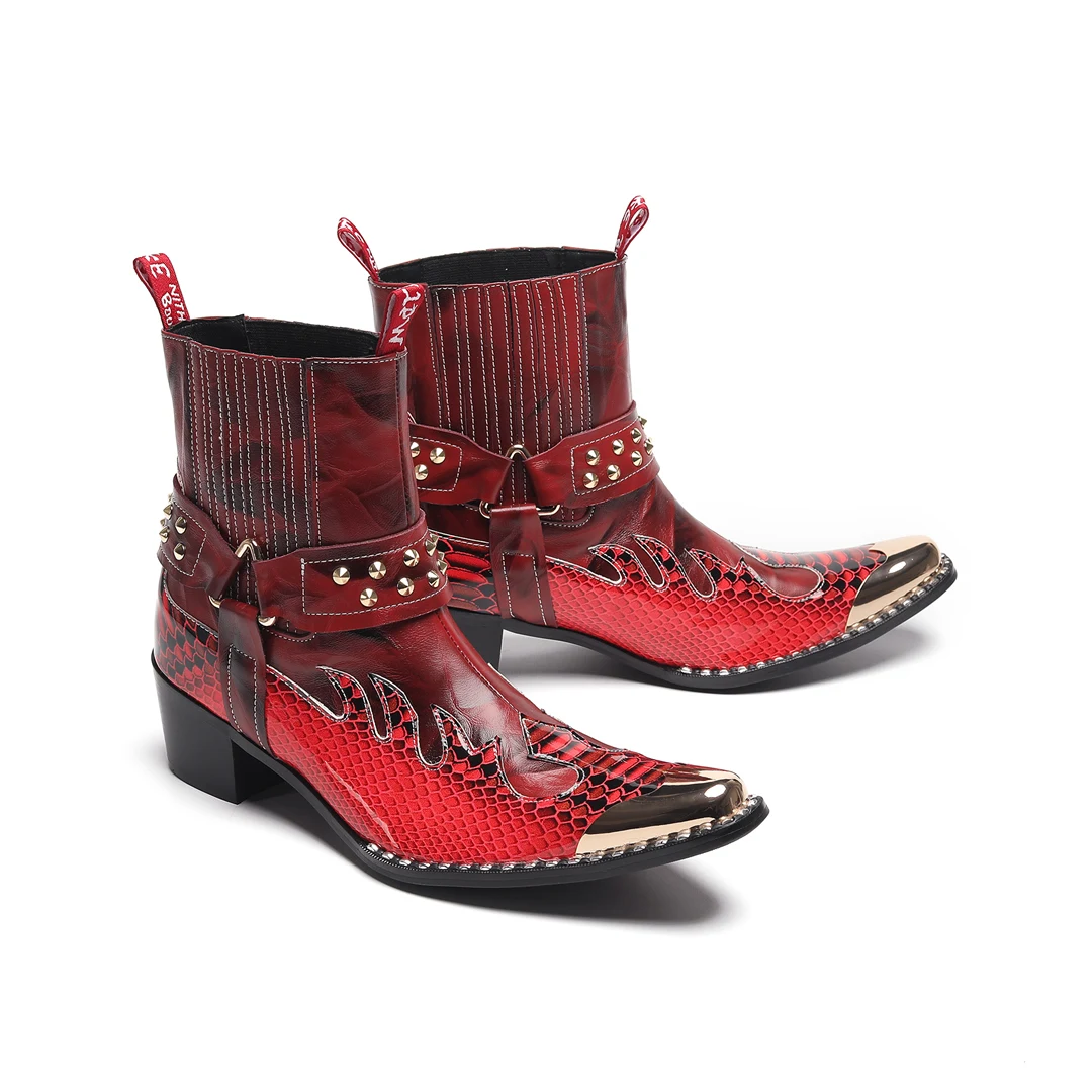 Herren-Designer-Stiefeletten aus echtem Leder mit Metallspitze, Nieten-Dekor und Print, Übergrößen, Cowboy-Motorrad-Schuhe für Business – Detail 6