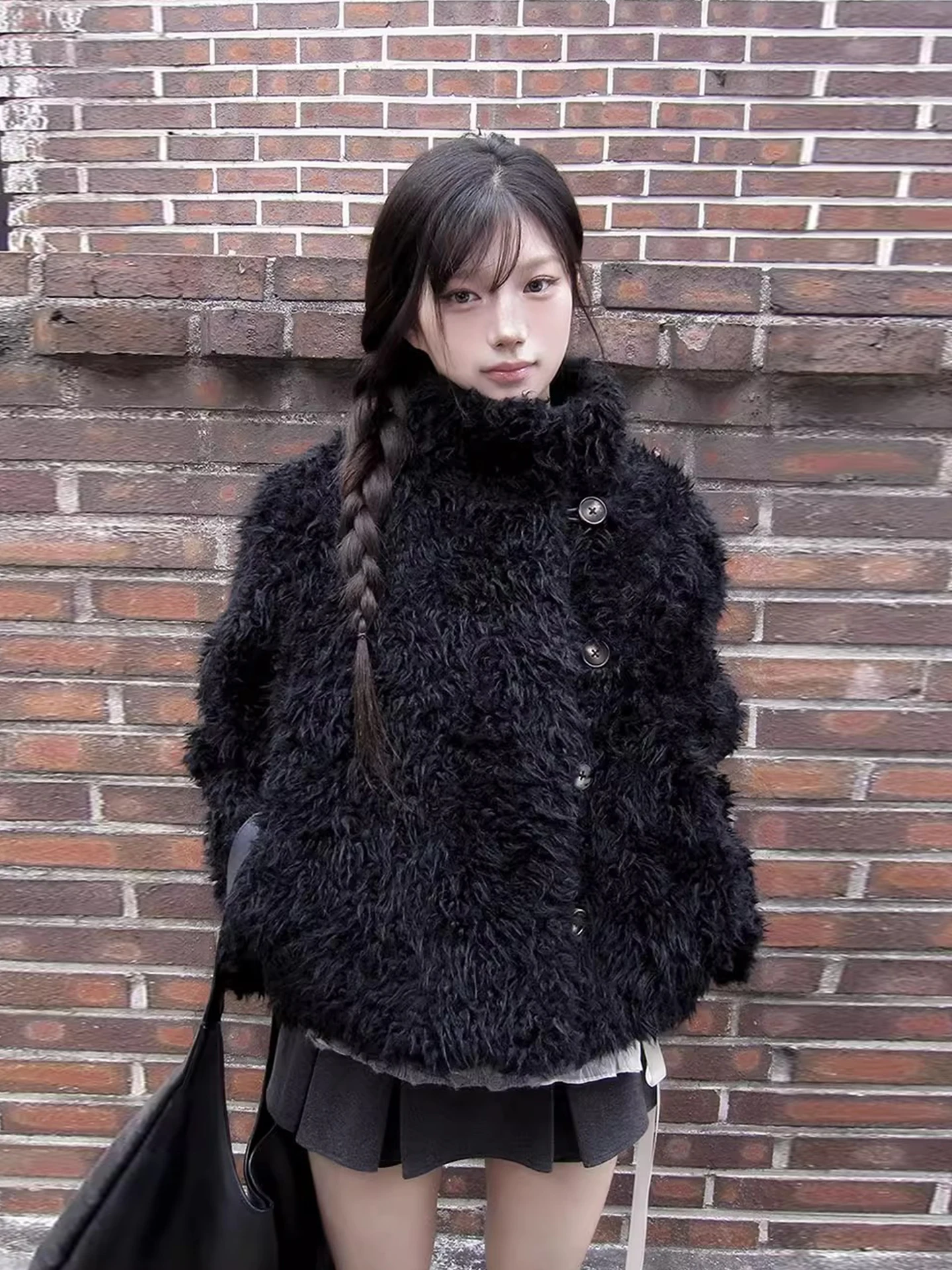 معطف نسائي من الفرو المزيف من Ele ort بزر واحد لون نقي ملابس خارجية شتوية كورية طويلة معطف فضفاض مناسب