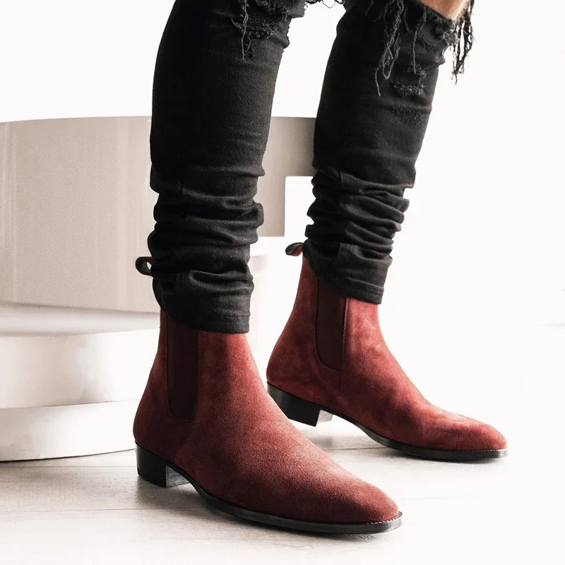 Chelsea Boots Men Red Faux Suede Cowboy Ankle Vintage Boots Slip on Shoes for Men Men Boots