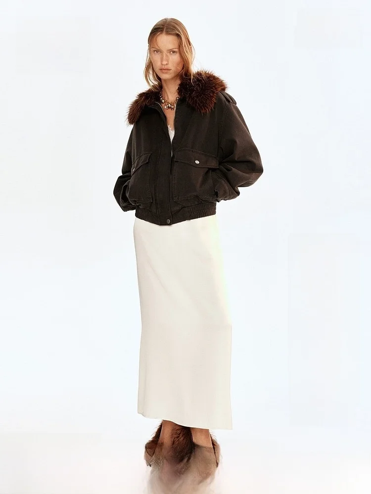 

H&M Women's Jaet Loose Fur Collar High Quali Vintage American Sle Winter Coat Youth Middle-aged Suitable Faux Fur