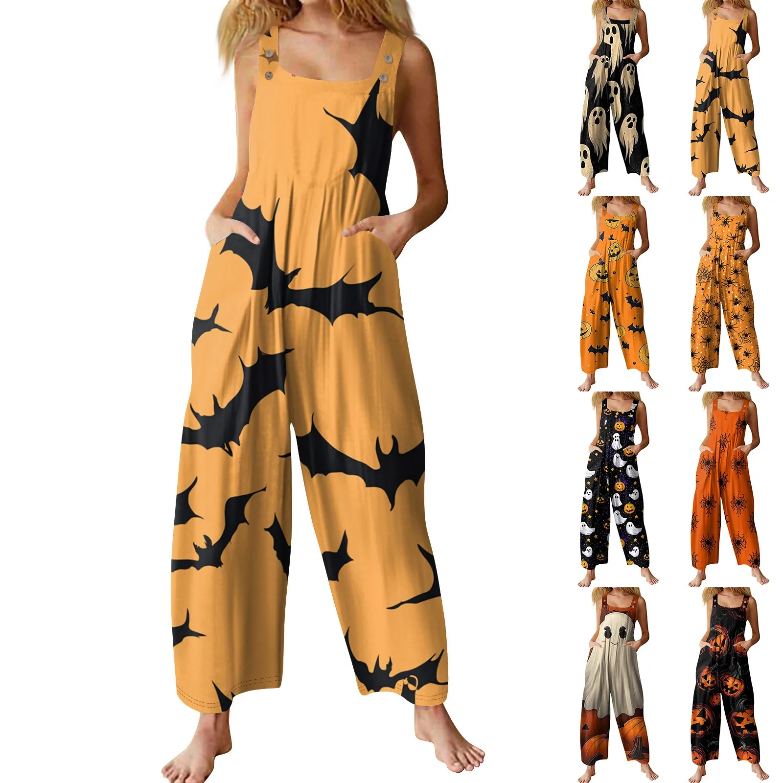 Halloween Theme Overalls Jumpsuit Women Fashion Halloween Print Bat Ghost Spider Web Pumpkin Head Solid Color Casual Loose Retro