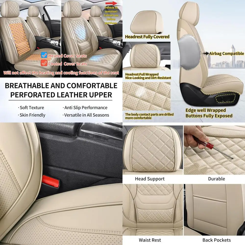 

Luxury Beige Faux Leather Front Seat Covers for Cars, SUVs, and Trucks - 2 Seat Protection