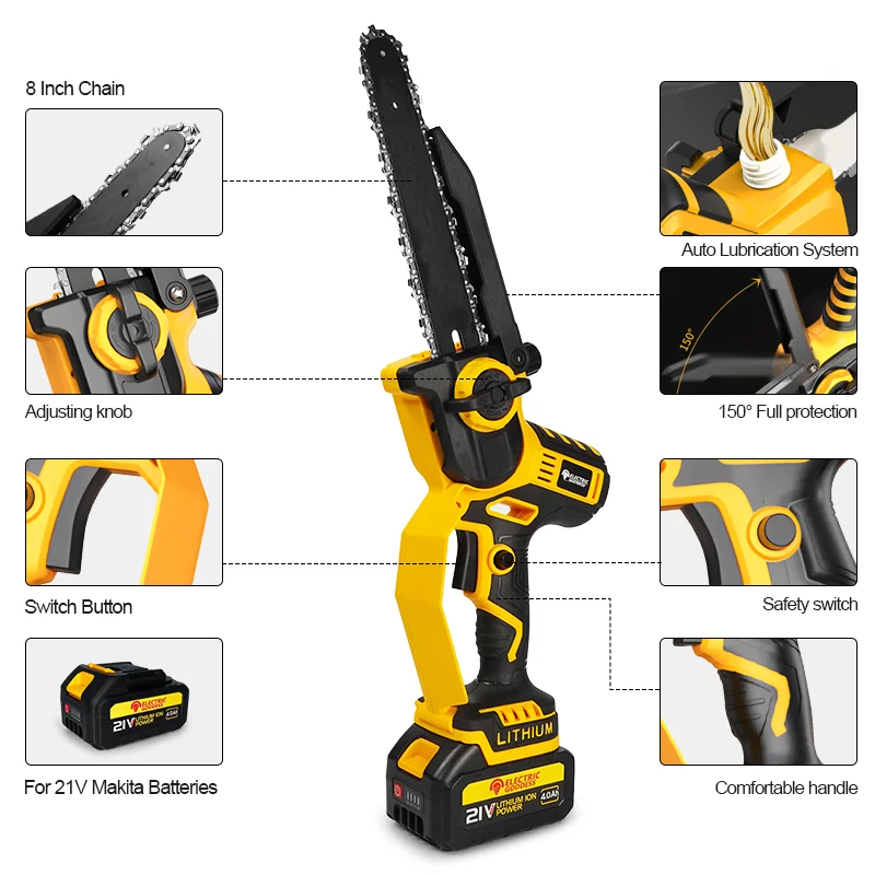 Electric Goddess 8-inch Cordless Handheld Chainsaw Rechargeable Power Saw For Household Tree Trimming For Makita 18V Battery