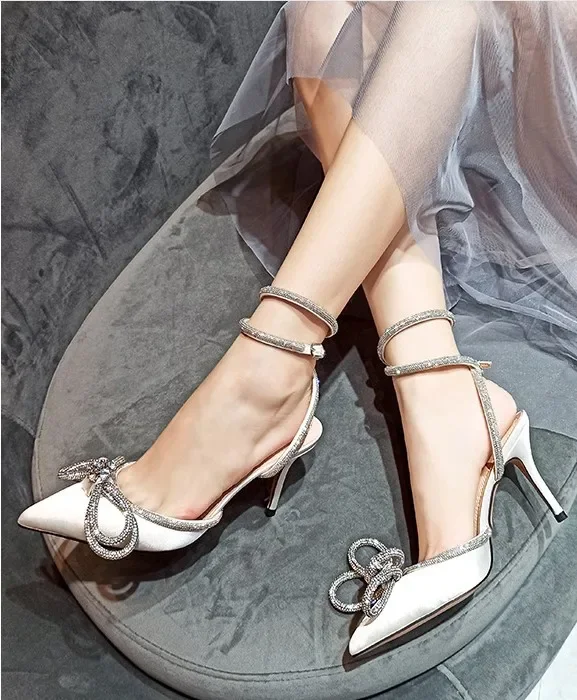 Glitter Rhinestones Women Pumps Crystal Bowknot Satin Summer Lady Shoes Genuine Leather High Heels Party Prom Shoes Bridal Shoes