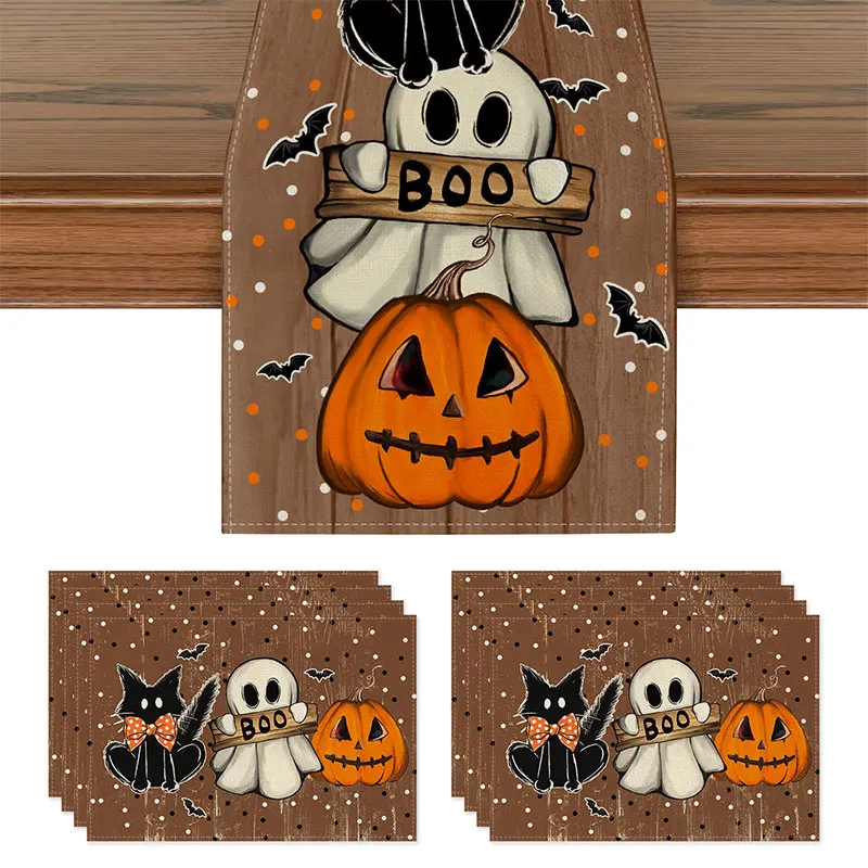 

Halloween Placemat Cotton Flax Bowl Pat Oil-proof Pot Pad Ghost Pumpkin Dinner Party Desktop Decoration Cloth for Home Holiday
