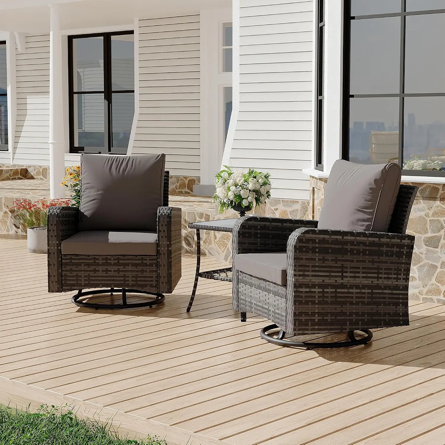 3-Piece Swivel Wicker Patio Bistro Set with Side Table, All Weather Outdoor Furniture for Balcony Porch Deck, Grey, Customized