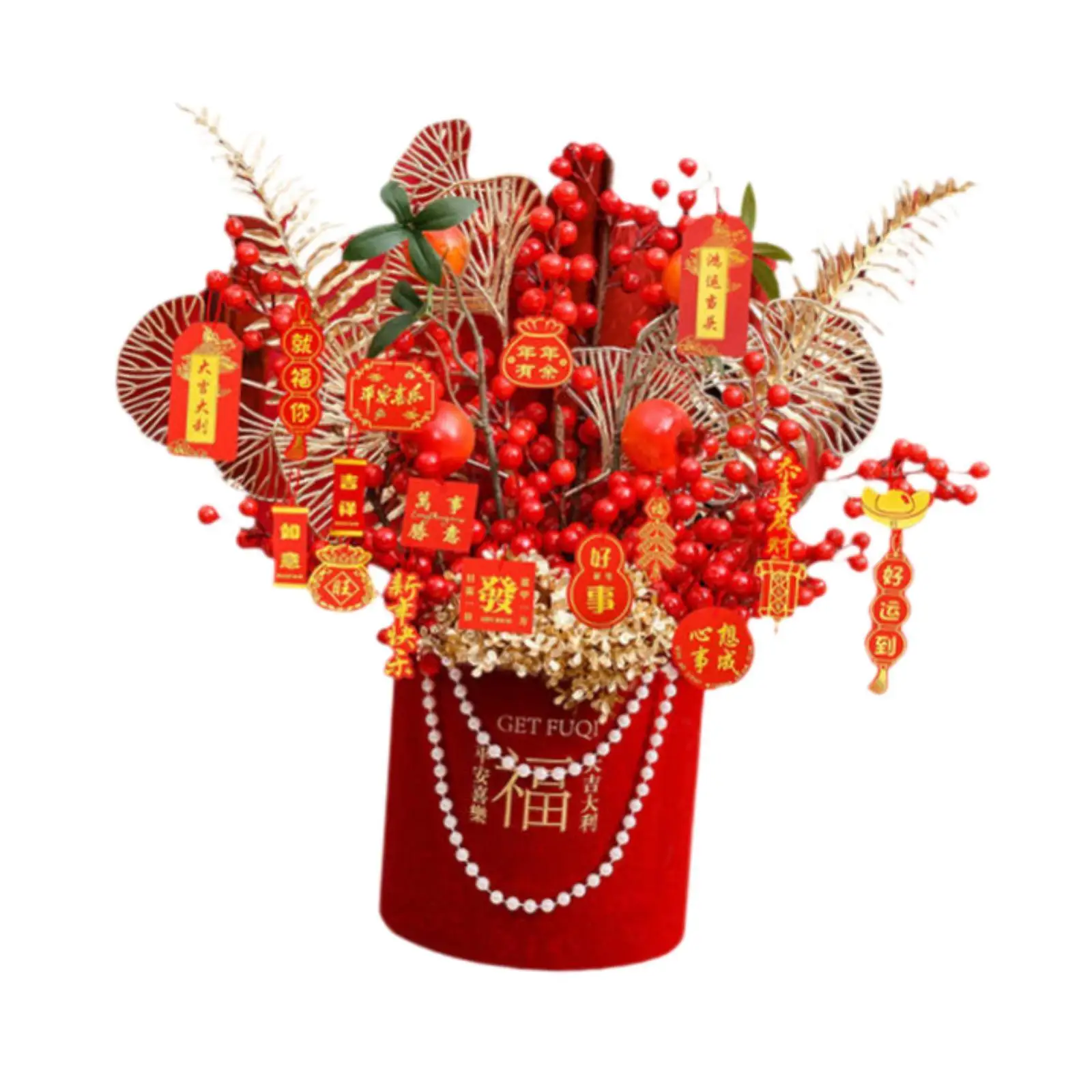 2025 Chinese New Year Artificial Plant Lucky Bucket Decorative Handmade Height 62cm for Home Arrangement Lightweight Versatile