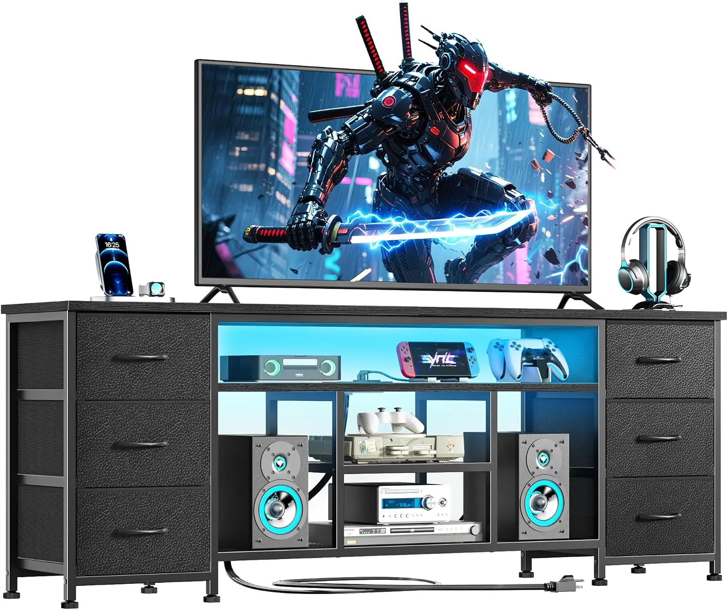 Soporte para TV LED de 63 Pulgadas con Tomas de Corriente, 6 Cajones, Estantes Abiertos, Cuero PU Negro para TV de 55-70 Pulgadas