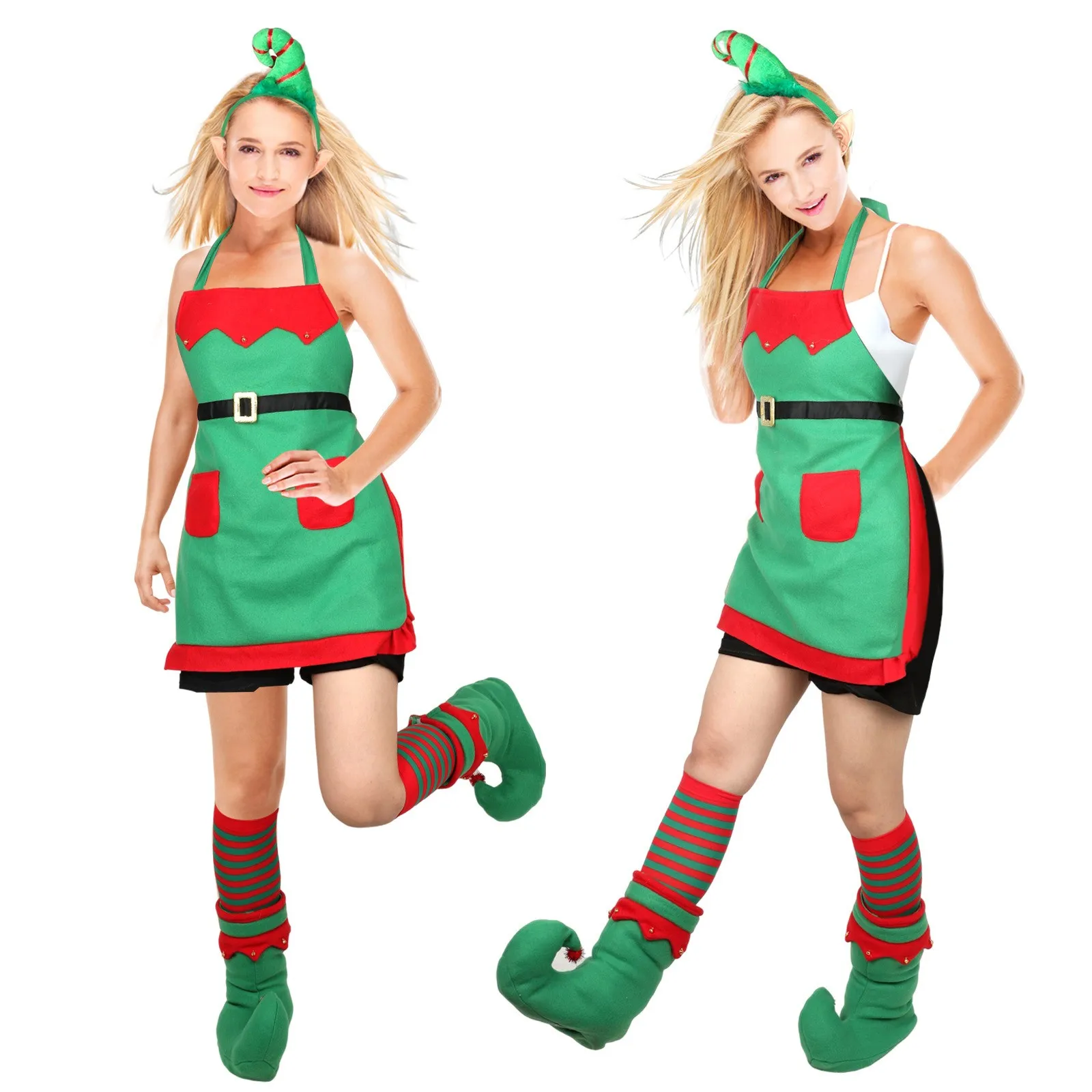 Christmas Elf Apron Christmas Hat Striped Tights Shoe Covers Christmas Kitchen Apron Family 2024 Women's Christmas Clothing