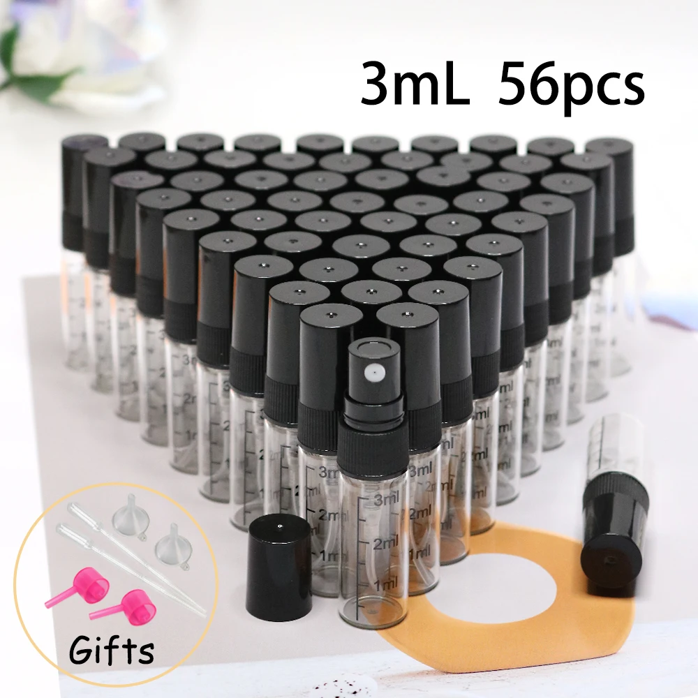 56 Stück + 6 Werkzeuge, 2/3ml Graduierte Parfümflasche, Transparente Glas-Sprühflasche, 5/10ml Nachfüllbare Tragbare Reise-Probenflasche
