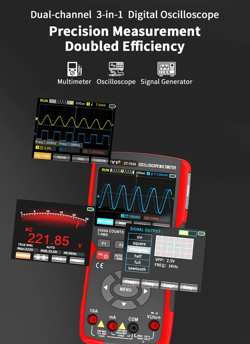 ZOYI Color screen ZT-703s two-channel oscilloscope 50MHz high-precision multi-function three-in-one multimeter Auto repair elect