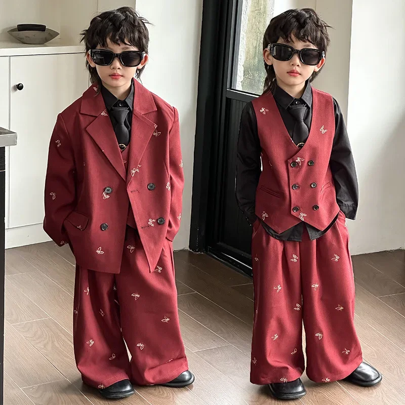 Children Suit Set Spring Fashion Embroidered Jacket Vest Pants 3pcs Boys Wedding Blazer Black Formal Girls Performance Outfits