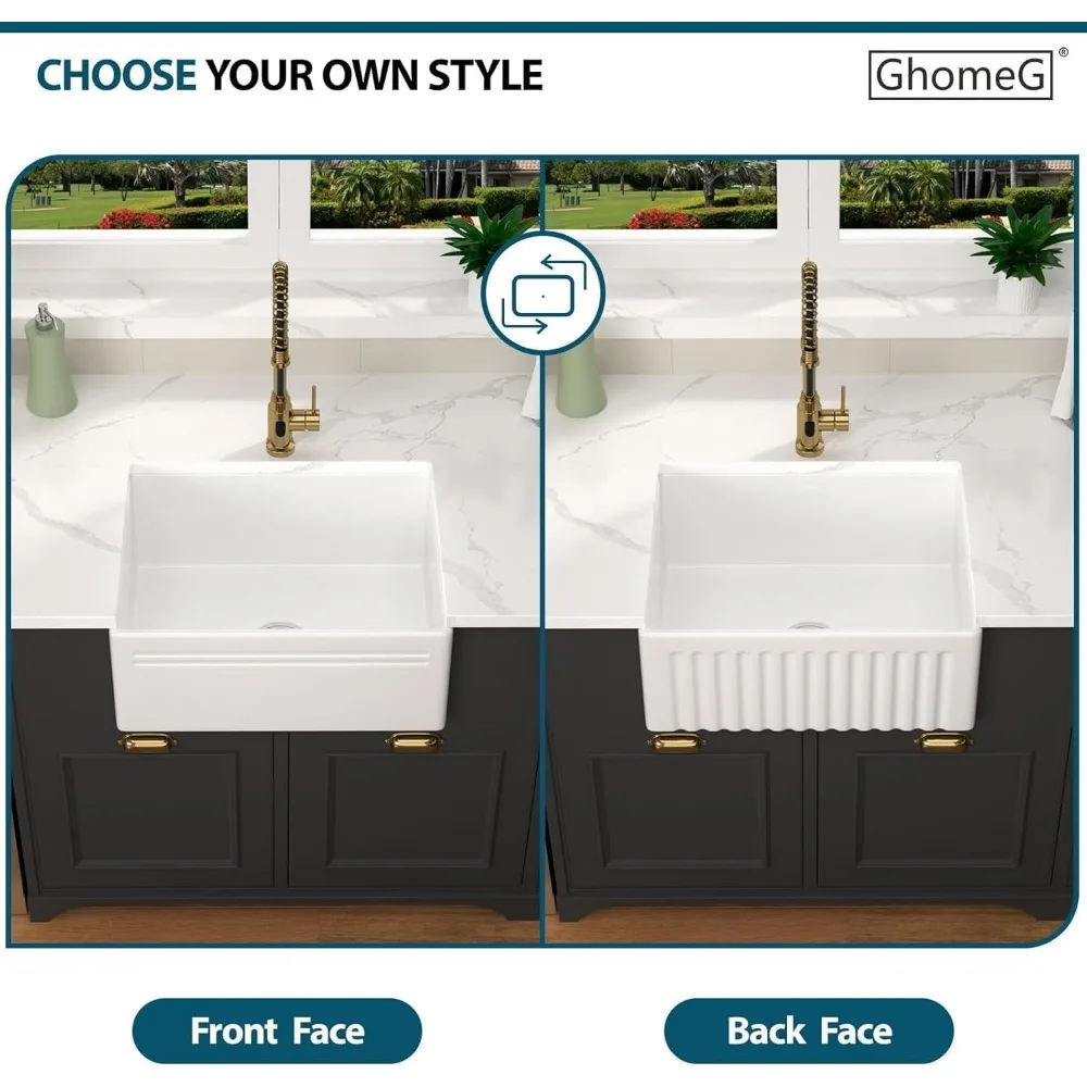 Tablier d'argile de feu blanc de 24 pouces de profondeur, évier de cuisine de ferme à cuvette unique avec conception de Style fermier en céramique