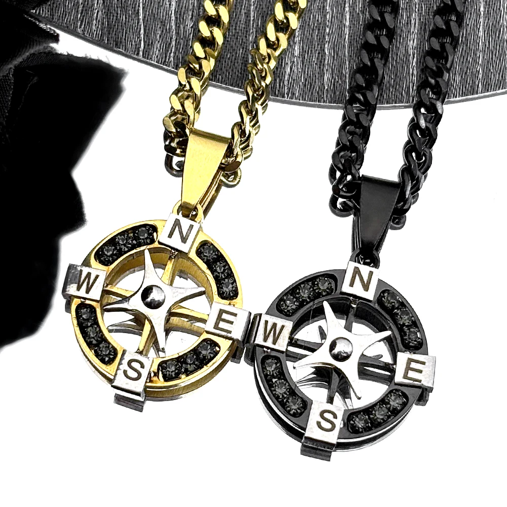 

Dark Punk Compass Voyage Chain For Women Men Stainless Steel Rhinestone Gold Color Male Star Cuban Link Chains Jewelry Gifts
