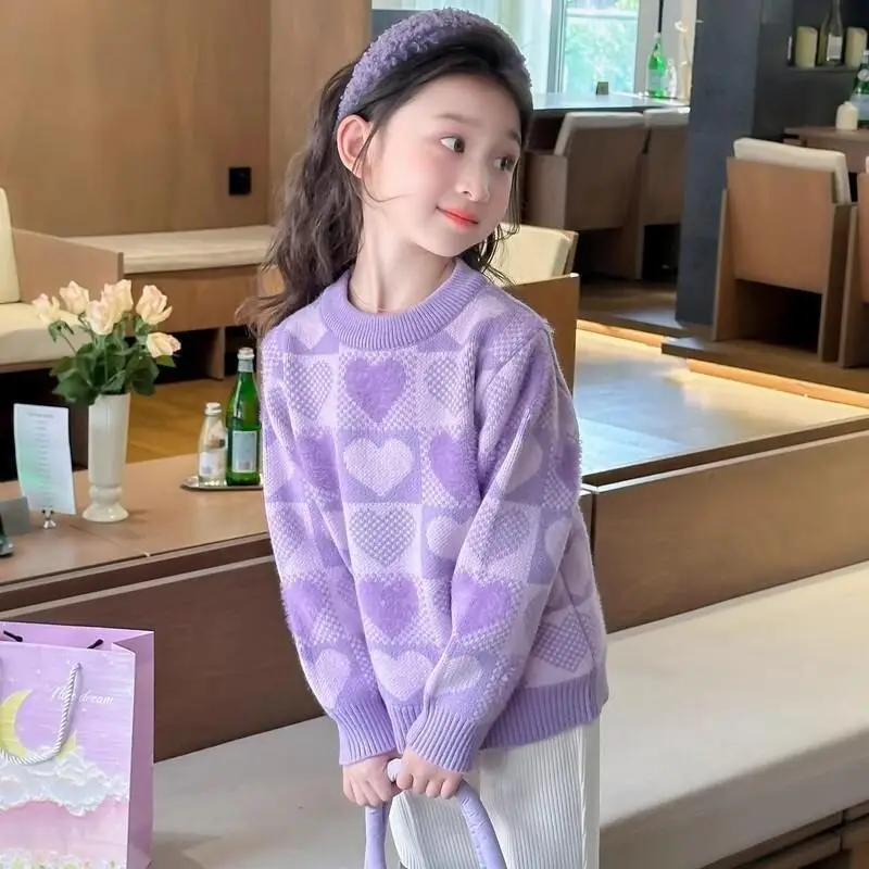 

Популярное повседневное пальто Kawaii, топы, модная детская одежда, куртка, свитер для девочек, зима-осень 2024, новый корейский стиль, детская вязаная большая одежда