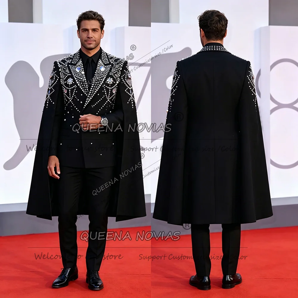 Shiny Rhinestone Diamond Wedding Suits For Men 2 Piece Sests Groom Male Blazers With Cloak Long Customized Slim Party Tuxedos