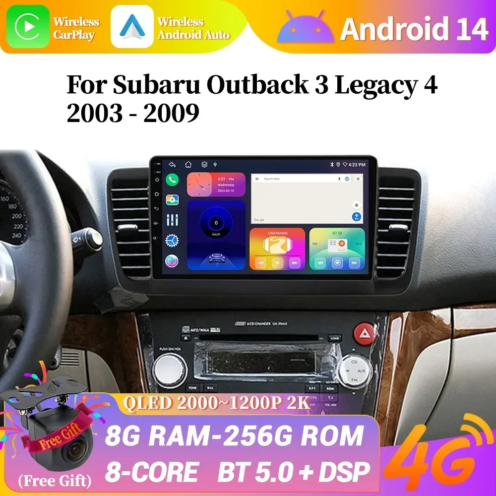 For Subaru Outback 3 Legacy 4 2003-2009 Car Radio Wireless Android 14 Multimedia Navigation 4G GPS Carplay BT Screen Head Unit