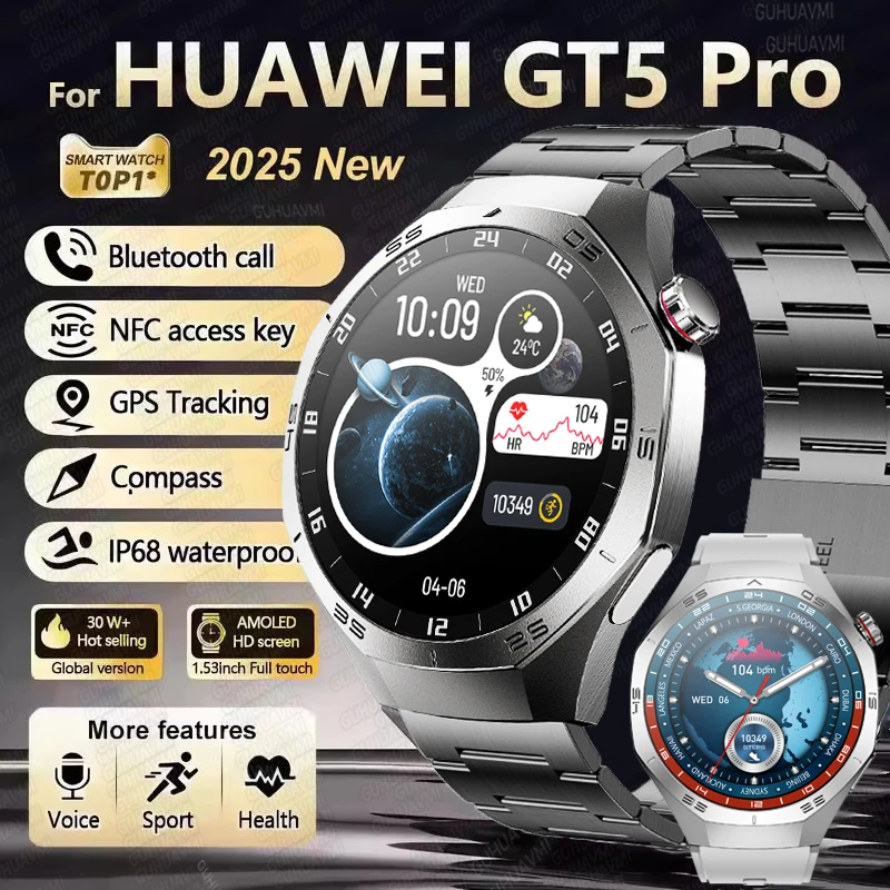 

2025 Новинка для Huawei GT5 Pro Смарт-часы Мужчины HD AMOLED Экран GPS Траектория Сердечный ритм Bluetooth Вызов 1,52 "Сумные часы IP68