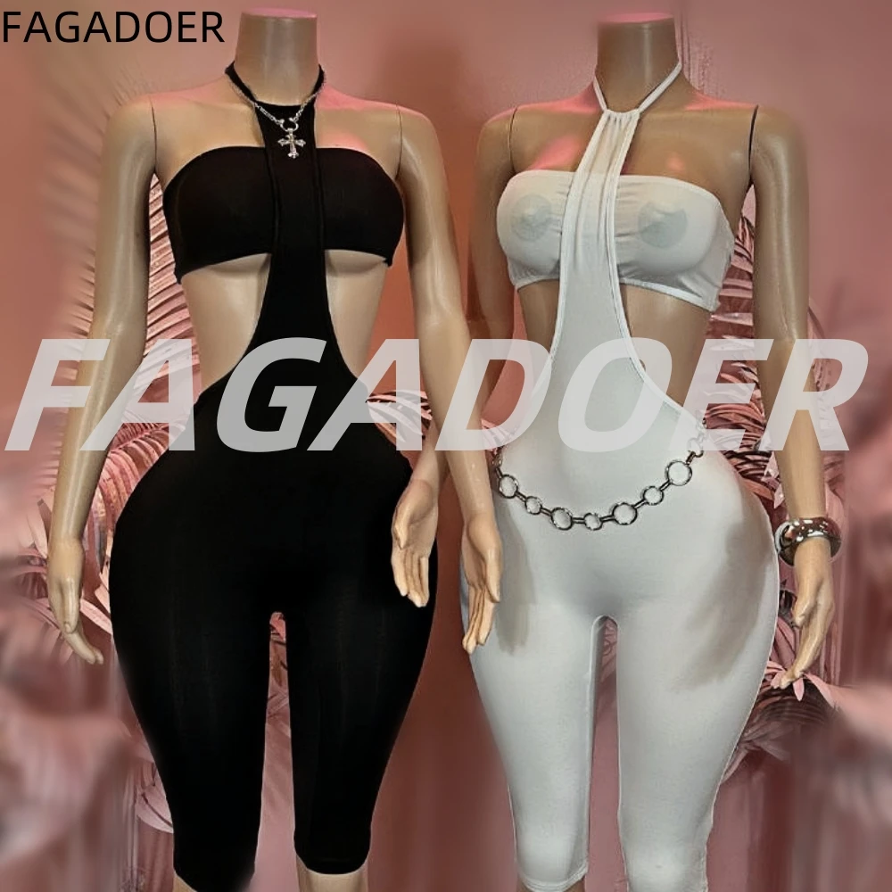 

FAGADOER Summer new sexy 2 pieces set for woman outfits Solid color backless Tops and halter patchwork pants suits Hot Clubwear