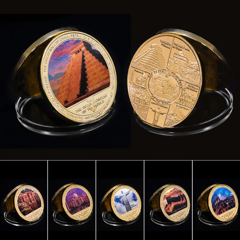 The Seven Wonders of The World Gold Plated Commemorative Challenge Coins Souvenir Business Gift for Father Collectible Gift