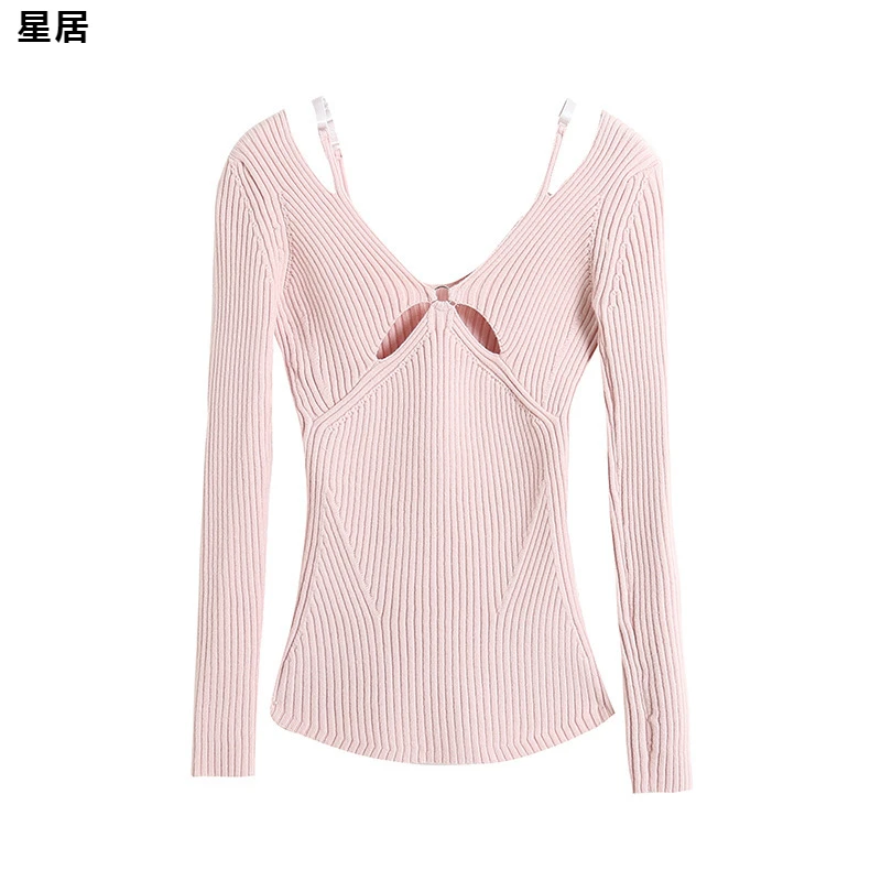 Kpop Korean 2024 New Sexy Sling Sweater Women V-Neck Pullover Hollow Knit Tops Festival Wear Stage Costume Performance Clothes