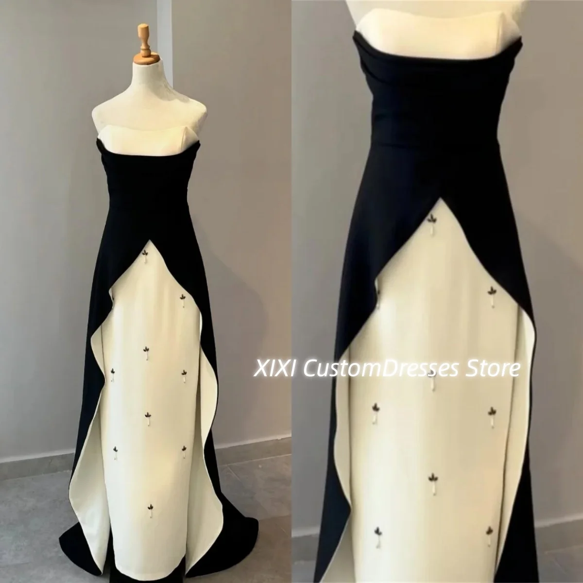 

Beadings Luxury Evening Dresses Black Strapless Customize Elegant Dresses For Women Floor-Length Zipper Prom Dresses