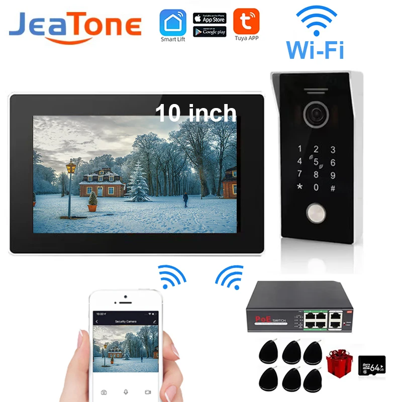 JEATONE 10 Inch Wireless WiFi IP POE WiFi Video Door Phone Intercom Doorbell Kit Tuya Touch Monitor Remote Access Control System