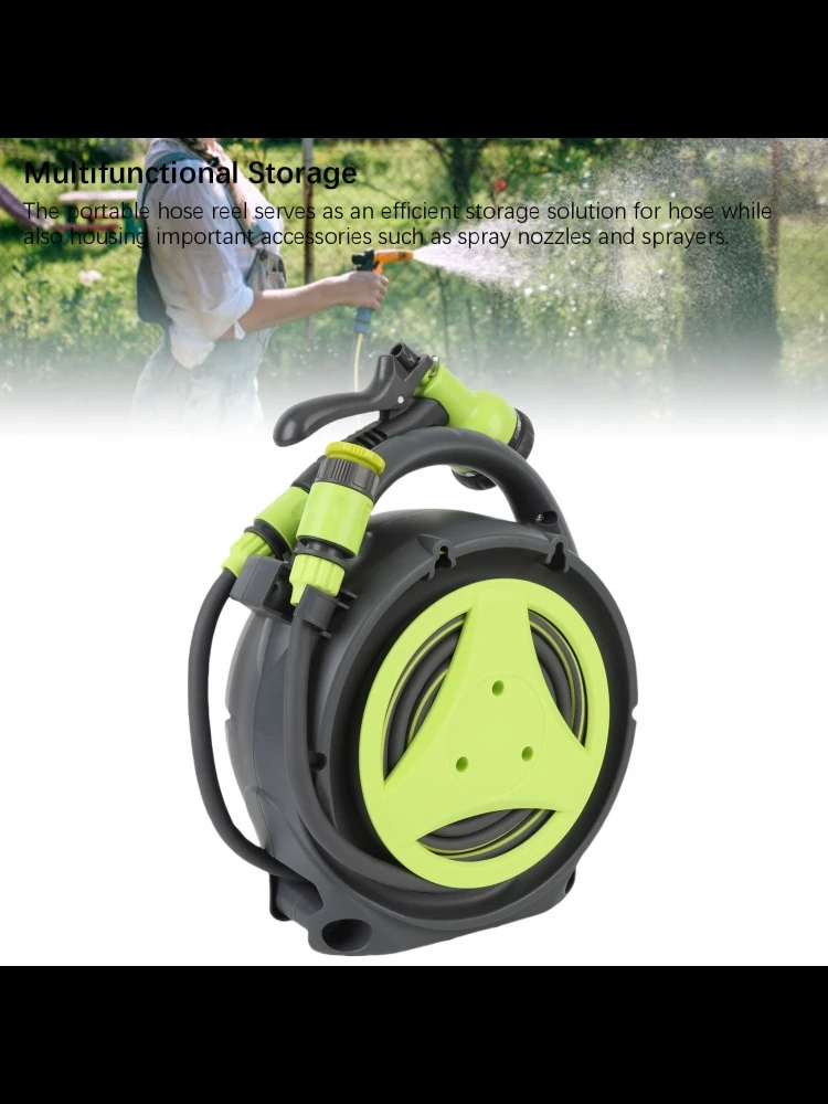 Enrouleur de tuyau d'arrosage de 39,4 pieds avec buse de pulvérisation, gain de place, portable, multifonctionnel, haute efficacité pour l'arrosage