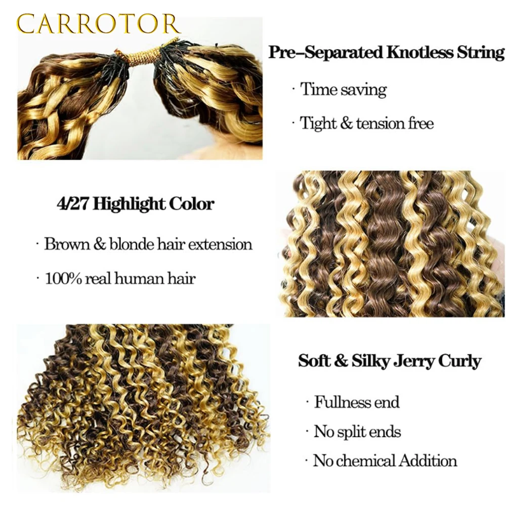 4/27 Ombre Feather Crochet Hair Extensions - Knotless Jerry Curly Dark Brown to Blonde 100% Real Human Hair Lightweight