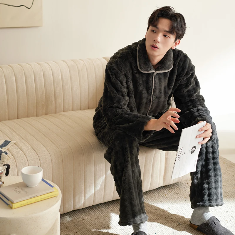 Men Pajamas Set Thick Flannel Pyjamas Lapel Cardigan Homewear Autumn Winter Warm Coral Fleece Pijamas Hombre Casual Sleepwear