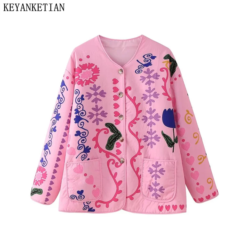 KEYANKETIAN 2024 New Women's Flower Print Flower Print Cotton-Padded Clothes Autumn/Winter Ethnic style Loose Buttons Outerwear