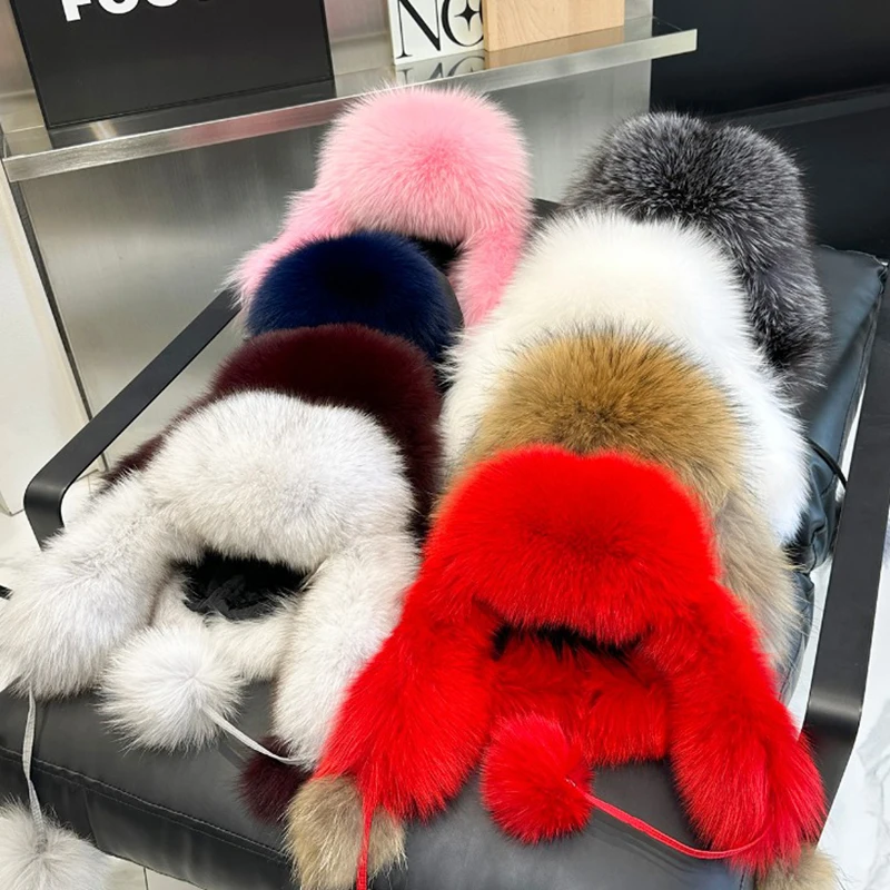 2024 New Women Natural Fox Fur Russian Ushanka Hats Winter Thick Warm Ears Fashion Bomber Hat Lady Genuine Real Fox Fur Cap