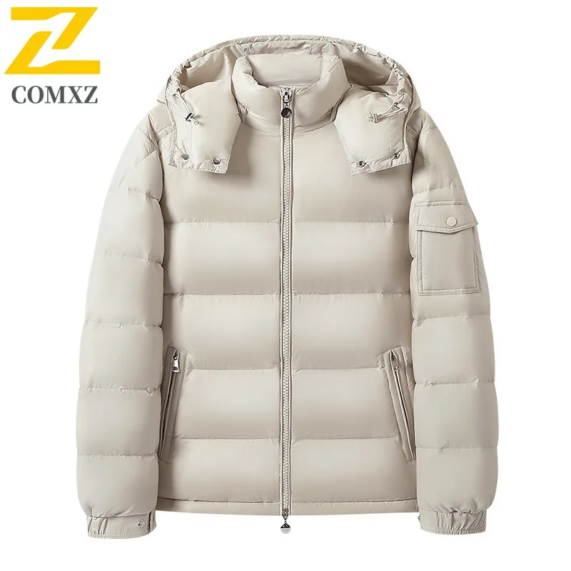 

COMXZ Men Down Jacket High Quality Hooded Korean Fashion Lightweight Parka Solid Color Camping Thickened Winter Down Coat
