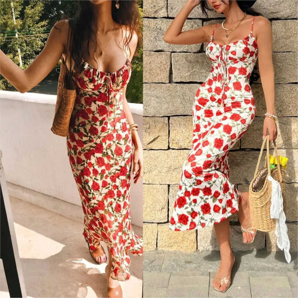 

2026 Retro Spaghetti Strap Dresses For Lady Vestidos Dress For Wedding French Romantic Vacation Slim Printed Sling Piglet Breast