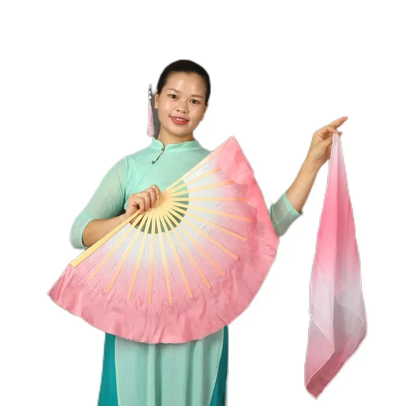 Lotus Silk Veil 2 Layers Light Weight Real Silk Fan Hand Dye Bellydance Classical Flowy Fan Coral Dual Colors Half Circle Props