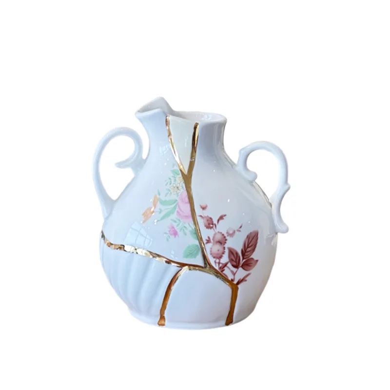 Italian ceramic gold vase ornament 24K European niche high-end mansion living room desktop vase porcelain