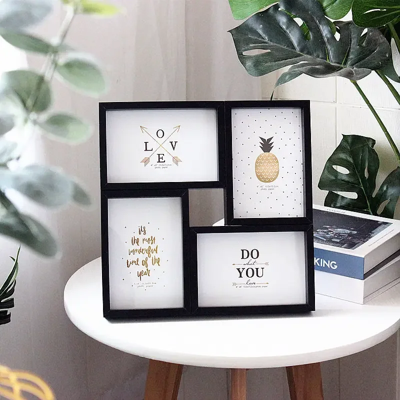 Black And White Photo Frame 4-Piece Set 4-Frame 6-Inch Platform Wall Hanging Combination Connected Photo Display for Home Decor