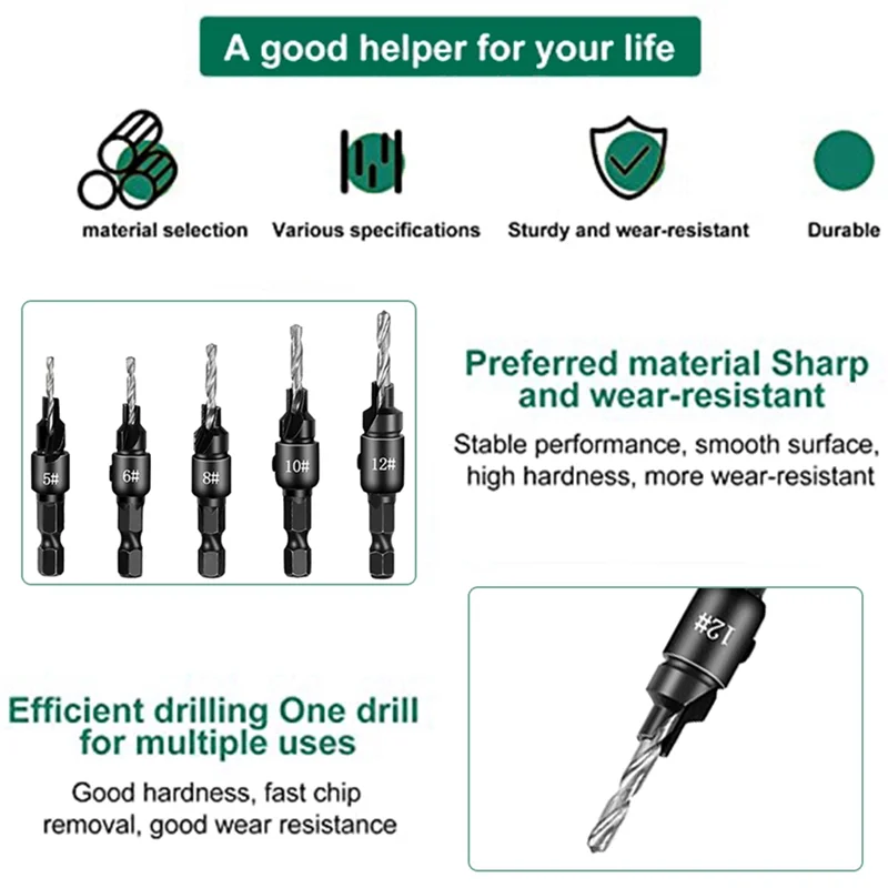 A43F-5 Buah Set Mata Bor Countersunk, 8 Buah Set Mata Bor Countersink Alat Pertukangan untuk Pekerjaan Kayu, DIY