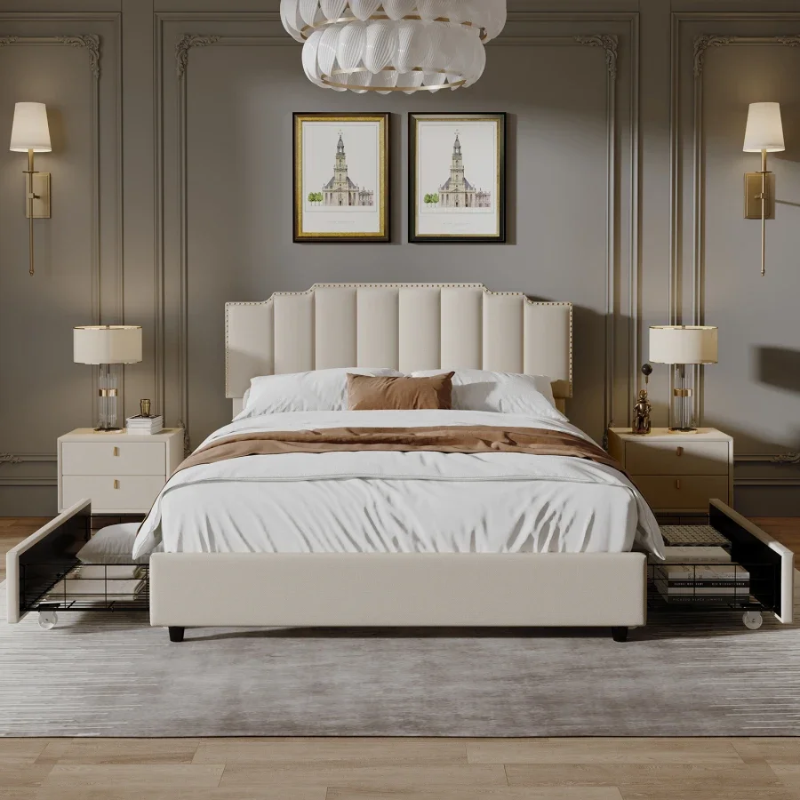 إطار سرير منجد ذو نعل سميك بتصميم مسامير ممتازة بحجم كوين مع لوح رأسي مبطن مخيط، مناسب لغرفة النوم