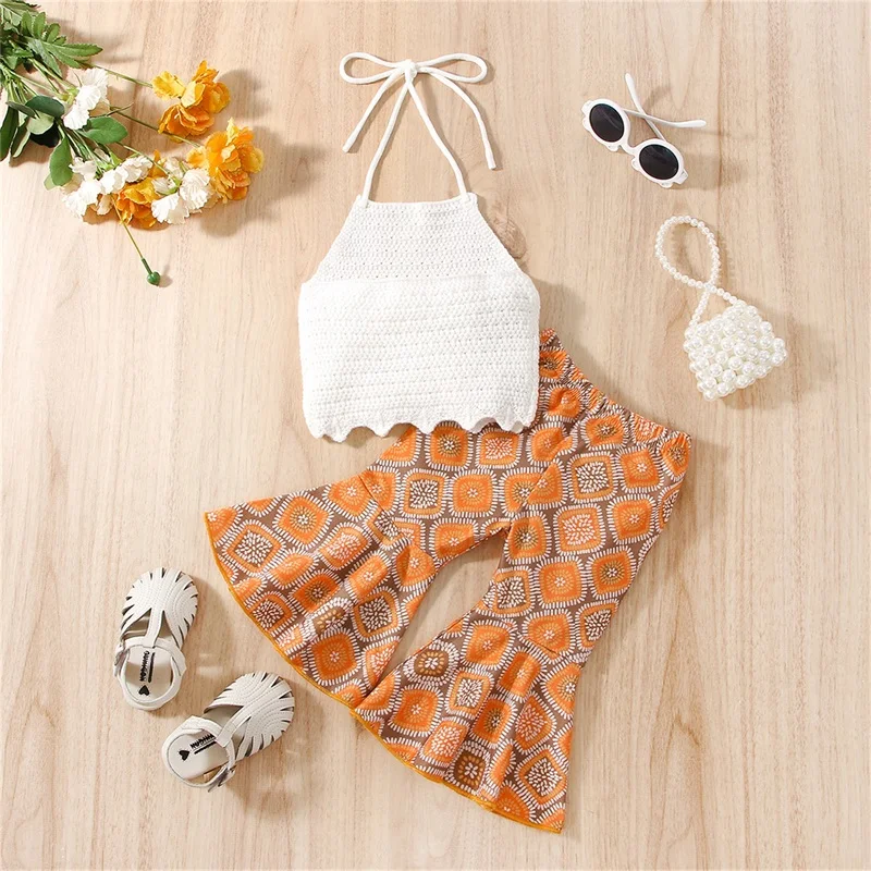 Baby Girls Summer Outfits Summer Sleeveless Halterneck Tops and Geometric Print Casual Flared Pants Children's Clothing Set