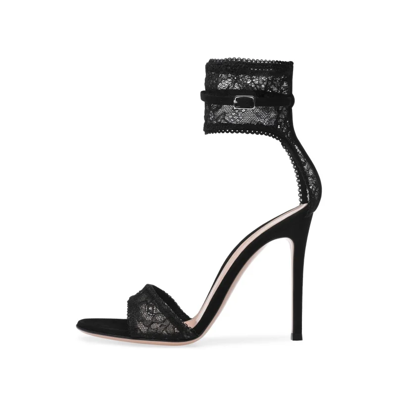 Black Stretch Lace High Heel Sandals Gold Fishnet Dress Shoes Ankle Strap Summer Shoes Women Party Heels Sexy Ladies Stilettos