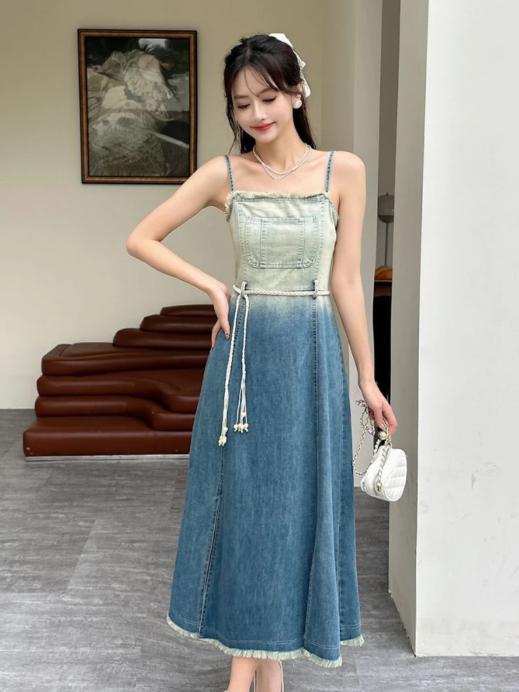 French Vintage Denim Dresses Gradient Color Sleeveless Raw Edge Forked Tanks Long Dress Summer Female Slim 2024 Women's Clothing