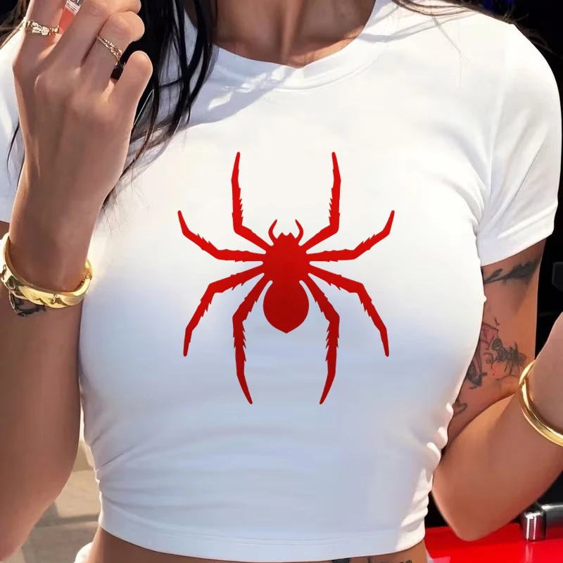 Vintage Y2k Tshirt for Woman Funny Spider Print Graphic Cropped T Shirt Women's Sexy Crew Neck Short Sleeve Crop Tops Clothes