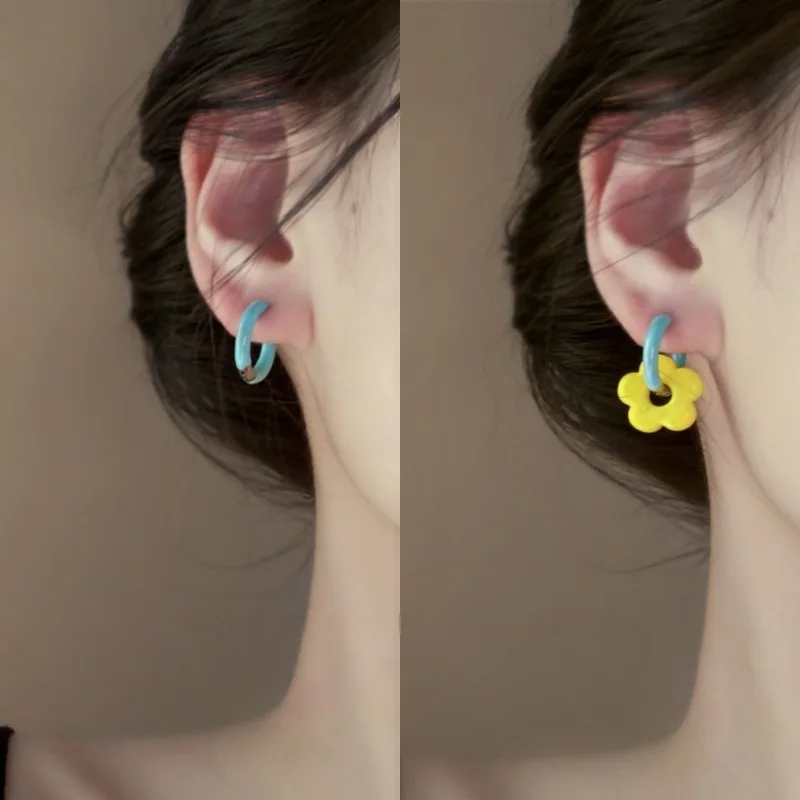 Candy-Colored Delight Statement Flower Hoop Earrings for Women Vibrant Color Blocked Girls' Tiny Flower Ear Circles