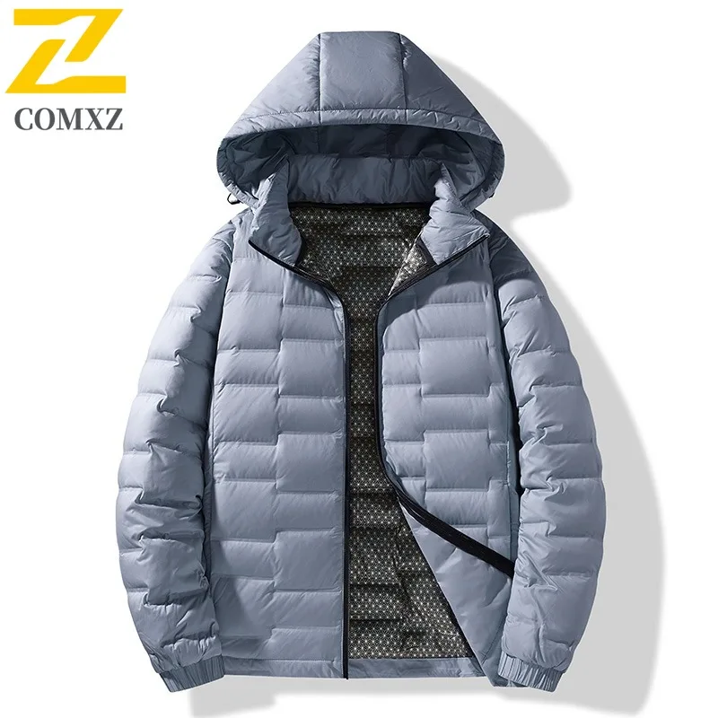 COMXZ Men Travel Down Jacket High End Outdoor Design Thickened Warmth Parka Premium Hooded Ultra Light Winter Padded Jacket