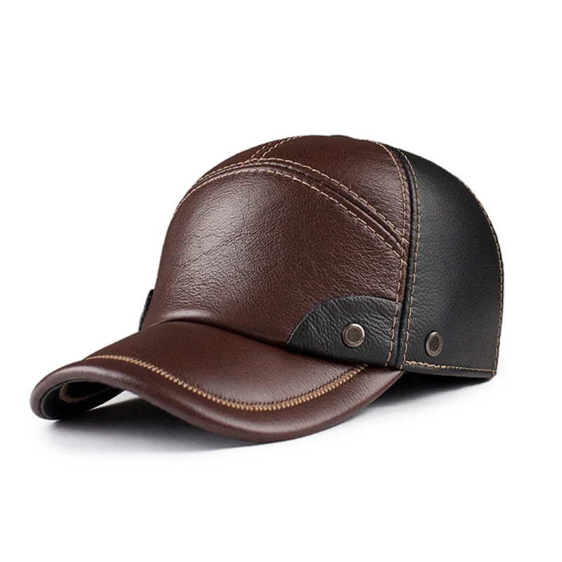 

Winter Genuine Leather Patchwork Baseball Caps For Men Warm High Quality Cowhide Golf Peaked Dome Hats Male Adjustable 55-60cm